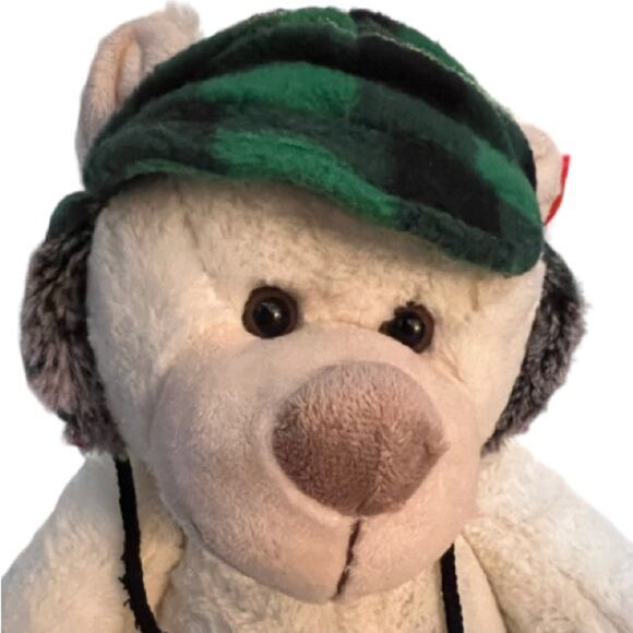 Gitzy White Stuffed Plush Bear Animal Green Buffalo Plaid Winter Hat Ear Flaps - Picture 2 of 8